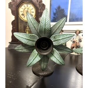 Vintage Hollywood Regency Style Palm Tree Heavy Metal Brass Wall Sconce Set Of 2